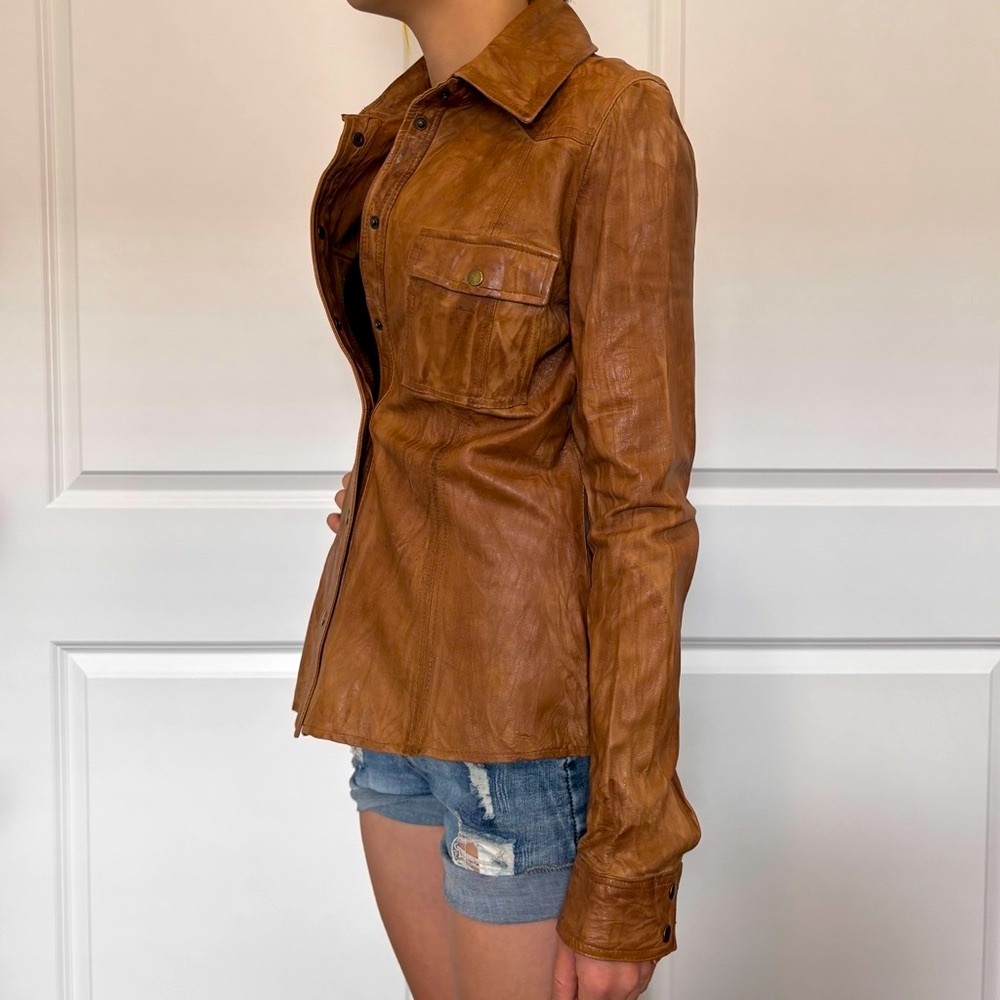 Baguda Snap-Up Genuine Brown Leather Jacket - Picture 2 of 5